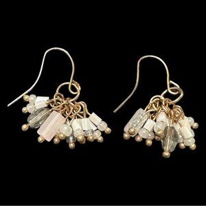 Gold Dangle Earrings With Beaded Fring White Pink